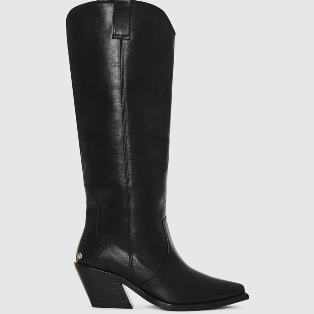 ANINE BING Tall Tania Boot in Black leather knee high heel western cowboy